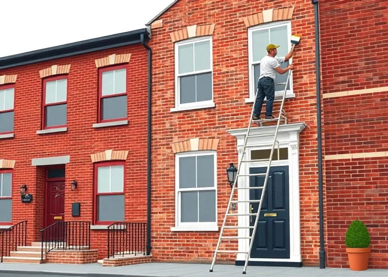 Peintre sur échafaudage traitant la façade d'une maison